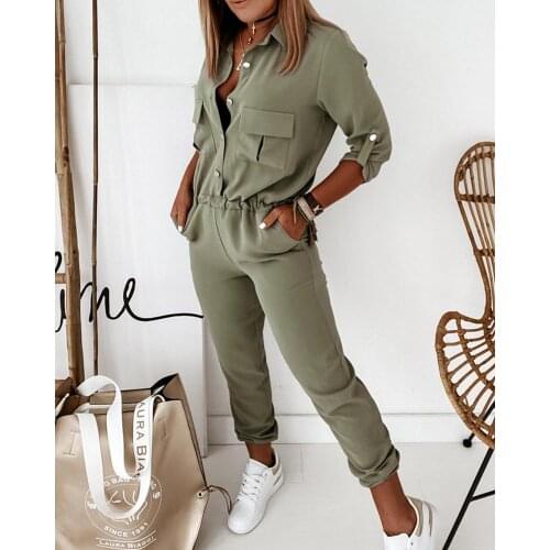 2020 Women Fashion Elegant Casual Turn-down Collar Buttones Pockets Jumpsuits Autumn Solid Long Sleeve Elastic Waist Jumpsuit