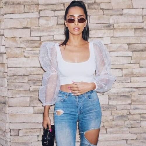 New Sexy Mesh See Through Perspective Lantern Long Sleeve Crop Tops Women Backless Patchwork Slim U-Neck T-Shirt Tees Not Sale