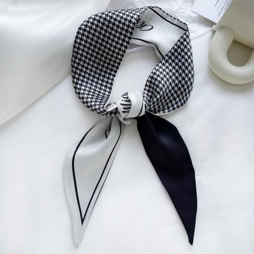 Luna&Dolphin Women Narrow Long Scarf 100x6cm French Style Plaid Strip Chiffon Silky Tie Letter Print Bag Ribbon Headband Choker