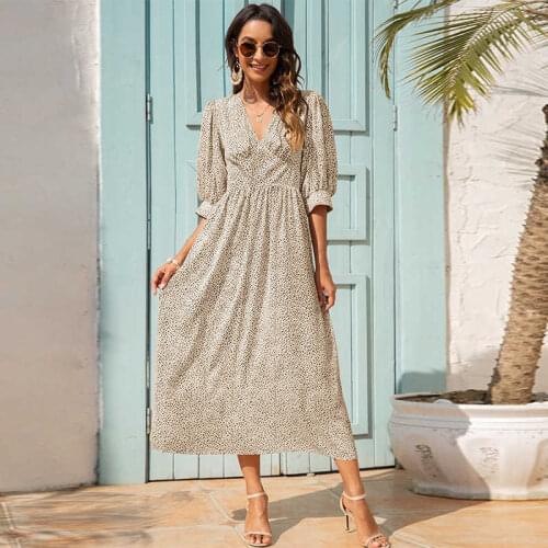 Summer Leopard Print Long Dress For Women 2021 New Casual Lantern Sleeve V Neck Slim Ladies High Wasit Swing Maxi dresses