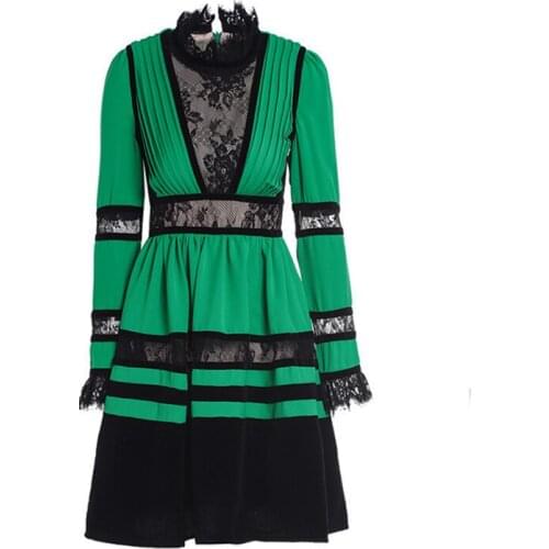 S-3XL runway autumn and winter new womens lace velvet stitching long-sleeved stand collar pleated dress high quality