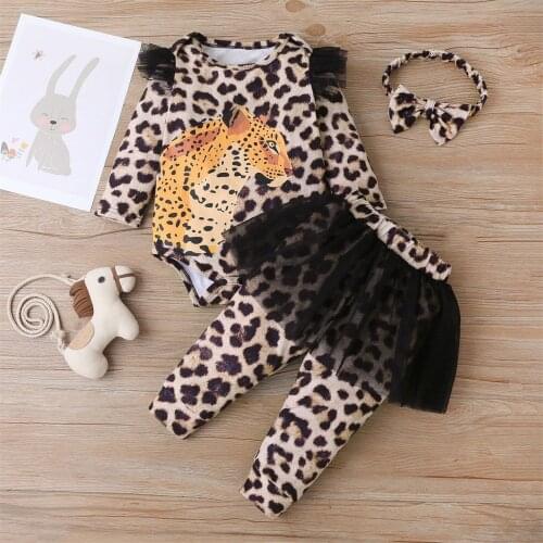 3pcs Toddler Infant Baby Girls Clothes Leopard Print Romper +Pantskirt +Hairband Set Baby Kids Casaul Outfits Fall Baby Clothing