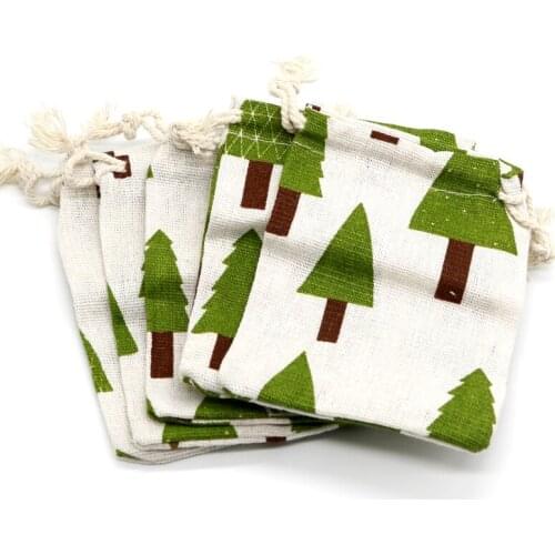 Green Triangle Tree Printed 5pcs 8x10cm Drawable Linen Cotton Bags Mini Jewelry Candy Packaging Bags Dry Cotton Storage Pouches