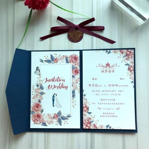 50 pieces/lot) Color Photo Printing Dark Blue Wedding Invitations Engagement Baptism Invite Cards With Ribbon And Tag IC125B
