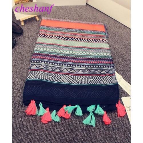Cheshanf Ethnic Head Scarf 2021 Designer Hijab Scarf Womens Scarfs Spain Style Bohemian Hippie Geometric Pattern Tassels Scarf