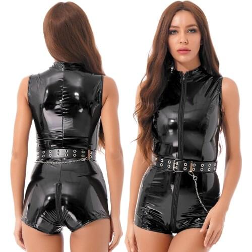 Womens Mock Neck Zipper Bodysuit Belt Chain Sleeveless Leotard Wet Look Patent Leather Catsuit For Party Nightclub Stage Show