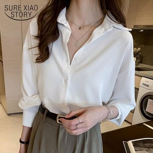 Korean Casual Chiffon Womens Blouse Women 2021 Loose Long Sleeve White Shirt Women Tops Plus Size Women Clothing Blusas 11576