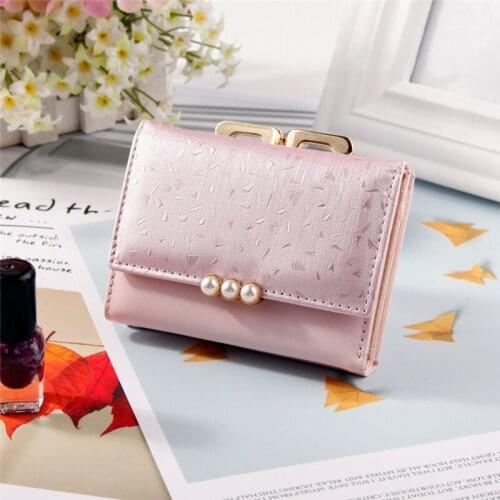 Womens Wallet Short Pearl Buckle Solid Color Coin Purses Female Three Fold Hasp High Quality Print Card Holder Clutch Money Bag