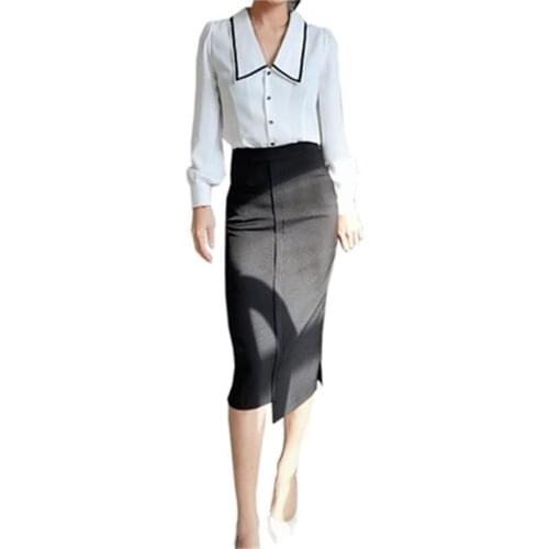 Fashion suit female 21 summer New high-quality white casual lapel shirt + black side slit pencil half skirt two-piece Set women