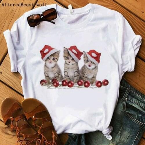 Cute Cats shirt Christmas cats tshirt women vogue style Printed T Shirts Tops Happy New Year O-Neck cartoon white clothes 2019