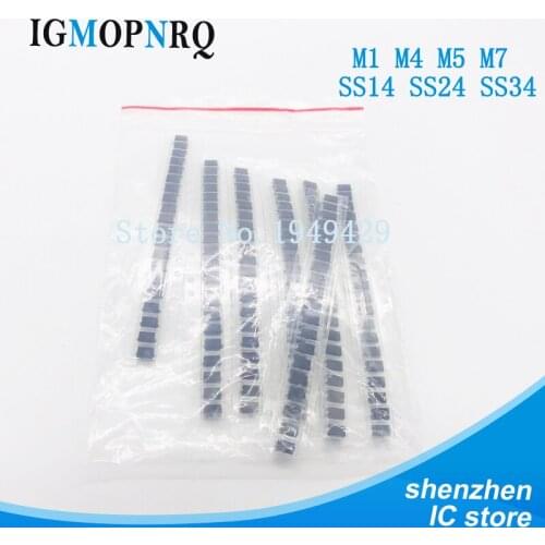 7 kinds*10pcs=70pcs/lot SMD diode package / M1 (1N4001) / M4 (1N4004) / M7 (1N4007)/ M5 (1N4005) SS14 SS24 SS34 (1N5822) KIT