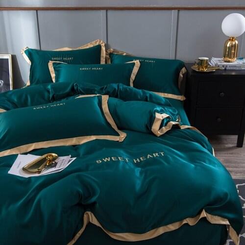 Euro Style Dark Green Pure Cotton Embroidery Home Hotel Linens Fitted Sheet Silky Soft Bedding Sets with Duvet Cover Bedsheet