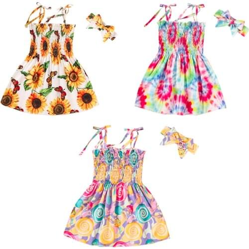 Girl Dresses Summer 2021 New Baby Girl Sunflower Tie-dye Pleated Suspender Dress Fashion Sweet Childrens Clothing 6-36 Months