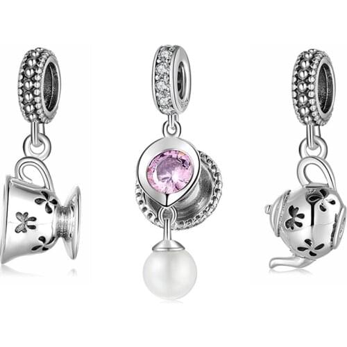 Hot Sale 925 Sterling Silver CZ Tea cups Cushions & Pearl Fine Beads Pendant Fit Original AGATA Charm Bracelet Jewelry making