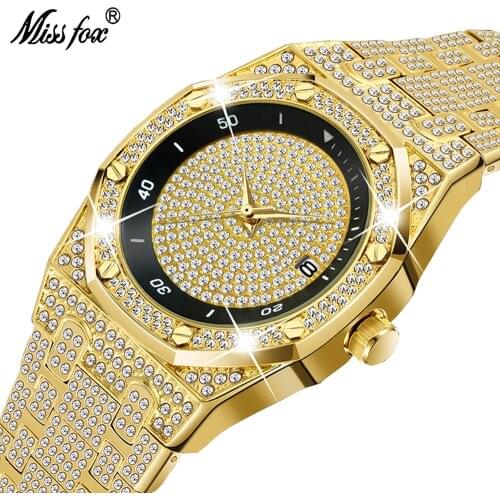 MISSFOX Luxury Mens Watch Classic Stainless Steel Strap Waterproof Complete Calendar Full Rhinestones Male WristWatch V300