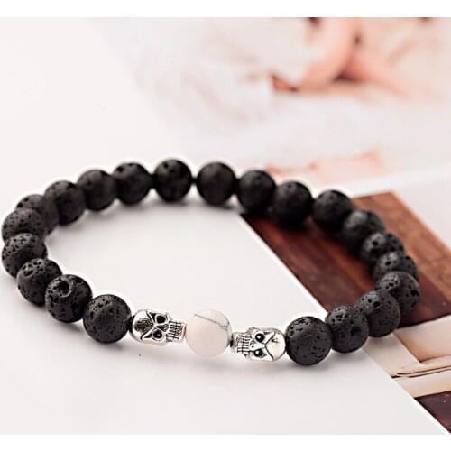 Silver Color Skeleton Skull Bracelet Men With Black Lava&White Turquoises Stone Bead Bracelets Women Dropshipping AB126