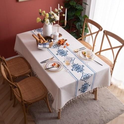 Blue and White Porcelain Embroidered Tassel Polyester Linen Tablecloth Rectangle Tea Table Cover White Coffee Table cloth