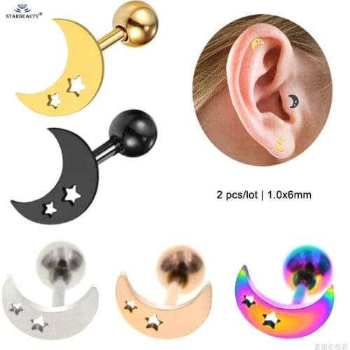 Starbeauty 2 pcs/lot 1.0x6mm Star Moon Helix Piercing Tragus Piercing Oreja Cartilage Earrings Stud Pircing Ear Piercing Jewelry