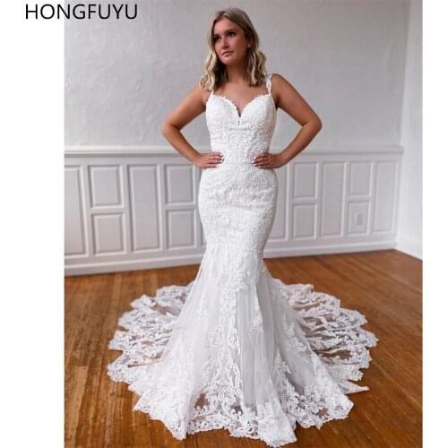 HONGFUYU Custom Mermaid Wedding Dresses Court Train 2021 Appliques Lace robe de mariee Wedding Bridal Gowns Backless Button Back