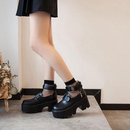 Lolita Gothic Round Head Mary Jane Shoes Japanese College Girl JK Uniform PU Leatehr Platform Strap Waterproof Black Shoes