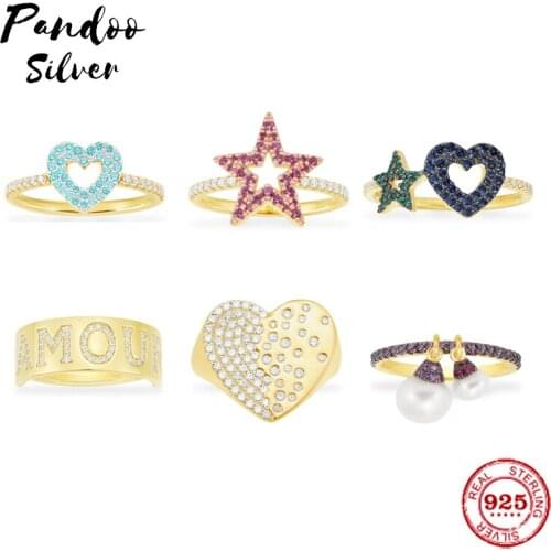 High Quality S925 Sterling Silver Jewelry 1:1 Copy,Yellow Silver Heart Paved Statement Ring,AMOUR Ring ,Fuchsia Star Ring