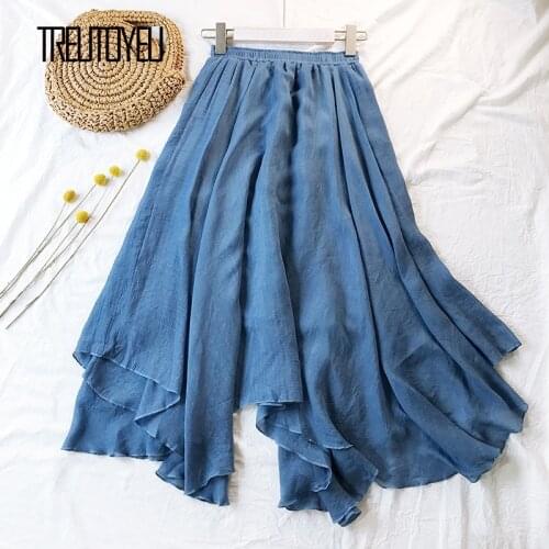 Treutoyeu Spring Summer Asymmetrical Ladies Maxi Long Skirt Vintage Solid Colors Linen Skirts Womens 2020 femme jupes