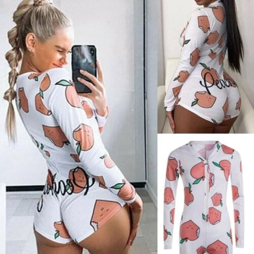 Women V Neck Bodycon Sexy Sleepwear Bodysuit Peachy Spicy Print Stretch Leotard Playsuit Sleepwear