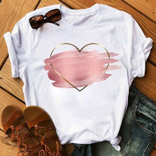 Heart Flower Print WomenT-shirt Ladies Casual Basis O-collar White Tee Shirt Female Short Sleeve T-shirt Love Graphic Tops Cute
