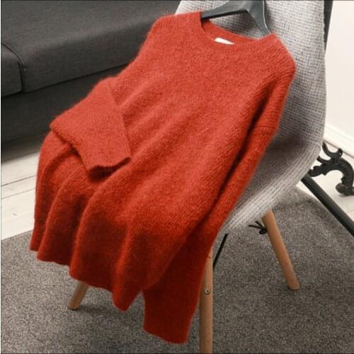 2020 autumn red woman soft mohair sweater elegant casual new round neck puff sleeve warm clothes knitted loose pullover sweater