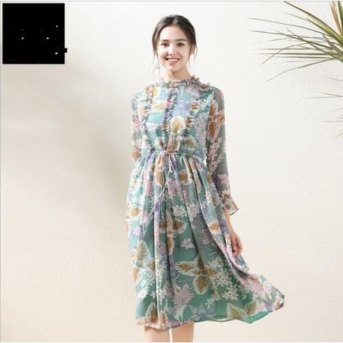 Female Printing Dress For Spring summer 2021 New Women Lady Printed Ruffled Flared Sleeves Dress Waist Slim Chiffon Midi Skirt