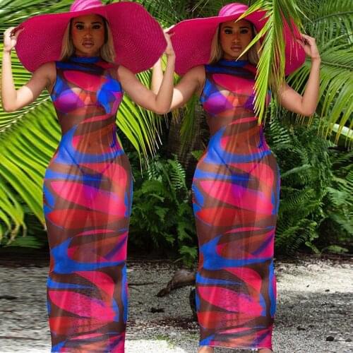 Summer Womens New Mesh Printing Micro-transparent Slim Dress 2021 Nightclub Party Stitching Sleeveless Dress