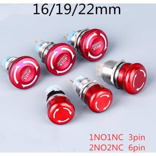 1PC 19mm/22mm 1NO 1NC Mushroom Emergency Stop Button Press Button Metal Waterproof Aluminum Push Button Switch