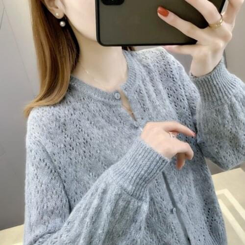 19915 real shot round neck solid color hollow out single breasted cardigan coat