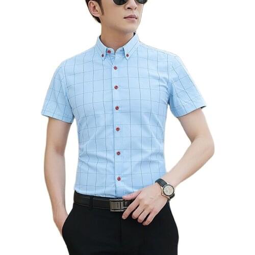 2021 Mens Plaid Dress Shirts short Sleeve Male High Quality Slim Fit Business Casual Shirt Plus Size M-5XL