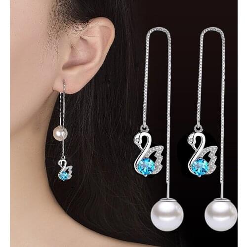 2021 New Exquisite Lovely Swan Pattern Earring Fashion Jewelry Colored Rhinestones Womens Long Crystal Silver Color Drop Earing