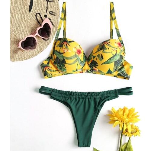 Underwire floral push up bikini padded bra swimming suit womens thong bottom sexy beach swimwear pushup bikini set for ladies