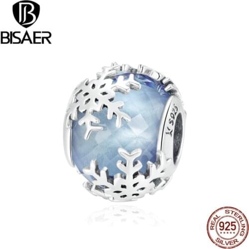 BISAER Crystal Snowflake Beads 925 Sterling Silver Charms Pendant Fit Original Bracelet Necklace DIY Accessories Making ECC1666