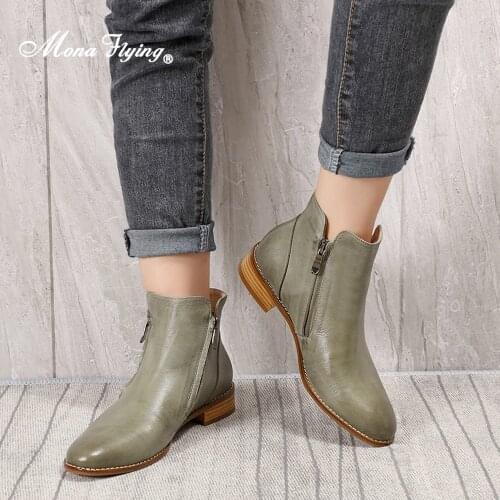 Mona Flying Women Genuine Leather Ankle Zipper Boots Designer Hand-made Classic Booties Shoes with Low Heel Warm Winter 068-103B