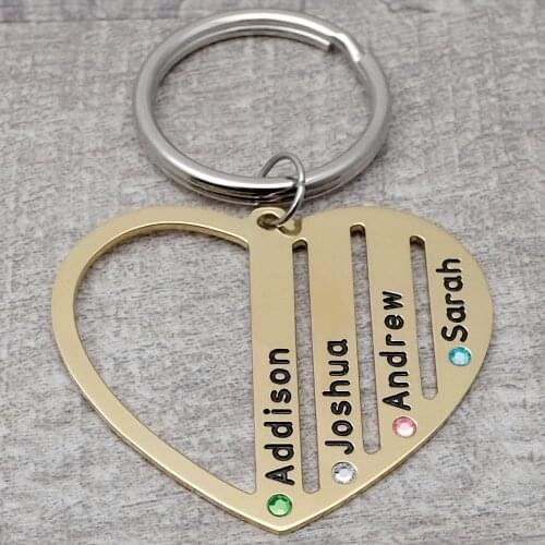 Personalized Heart Keychain Engraved Names Birthstones Key Chain Custom Names Keyring Gift For Her Gift for Mom