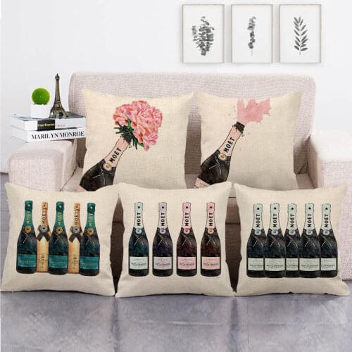 Champagne Bottle and Flower Pattern Linen Pillowcase Wine Series Cushion Cover Pillow Covers Decor Home