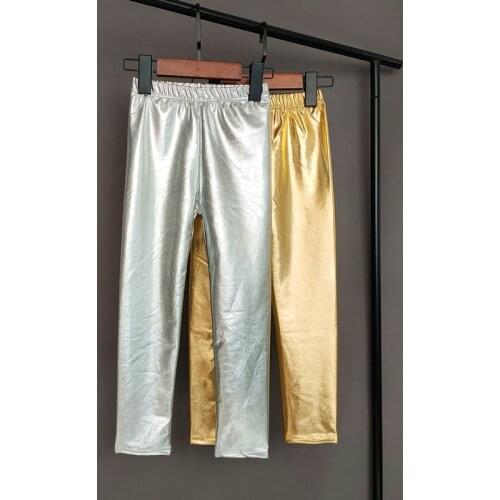 Gold Silver Kids Pants Girls Spring Autumn Children Elastic Faux Leather Leggings Skinny Pencil Pants Girl Leggings