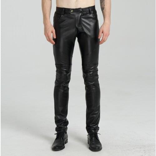 Stretch foot leather pants skinny mens slim foot pants motorcycle trendy pants mens plus velvet PU trousers