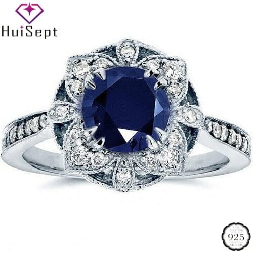 HuiSept Classic 925 Silver Jewellery Ring Sapphire Emerald Zircon Gemstones Flower Shaped Rings for Women Wedding Gift Wholesale