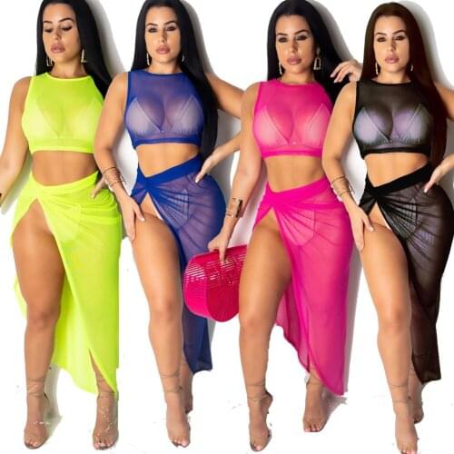 Two Piece Sets Womens Sheer Mesh Crop Top Slit Skirt Bikini Cover Up Bathing Summer Beach Sets Suit Sarong Dress 2pcs Swimsuits