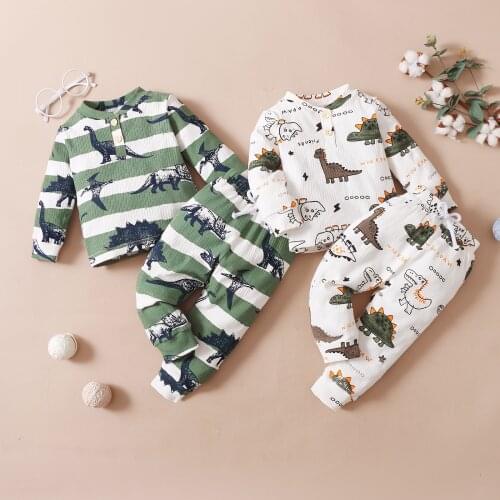 Cute Autumn Winter New Kids Children Tracksuit Cartoon Dinosaur Print Long Sleeves Tops+Tied Waist Pants for Toddler Little Boys