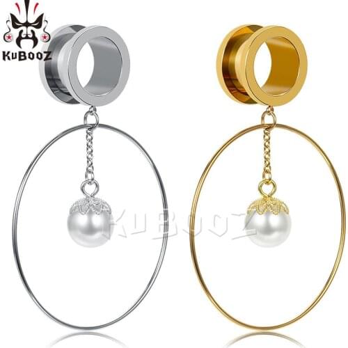 Kubooz 2020 Trendy Fashion Stainless Steel Pearl Hoop Earring Gauges Piercing Body Ear Plugs Tunnels Expanders Stretchers