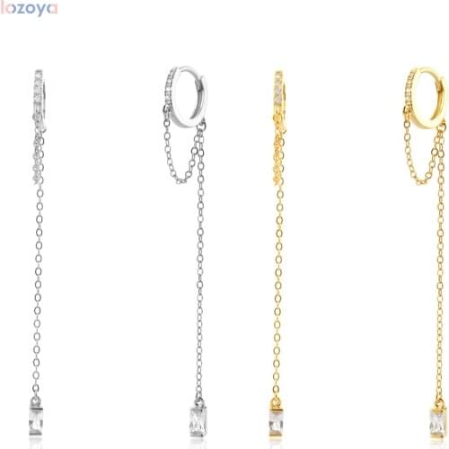 Lozoya New 925 Sterling Jewelry Gift Luxury Silver Gold 9mm Long Chain Circle Drop Earring Clear Zircon CZ Fine Crystal