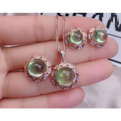 Best Gift Natural and Real Prehnite jewelry set 1pc Prehnite ring 1pc Prehnite pendant 1pair stud earring 925 sterling silver