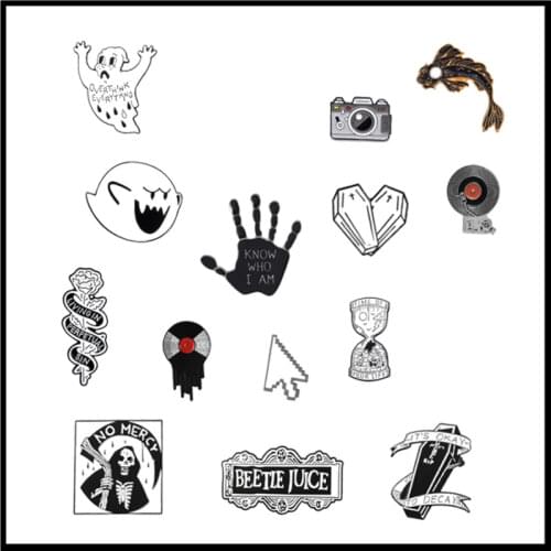 Cartoon skeleton Enamel Brooch rose heart shape label Pins Hourglass button badge Fashion Clothe fish camera Jewelry Accessories