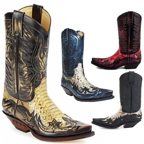 Mens Fashion Cowboy Western Boots 2021 Autumn Winter Vintage Faux Leather Pointed Toe Boots Punk Shoes Mid- Heel Mid Boots